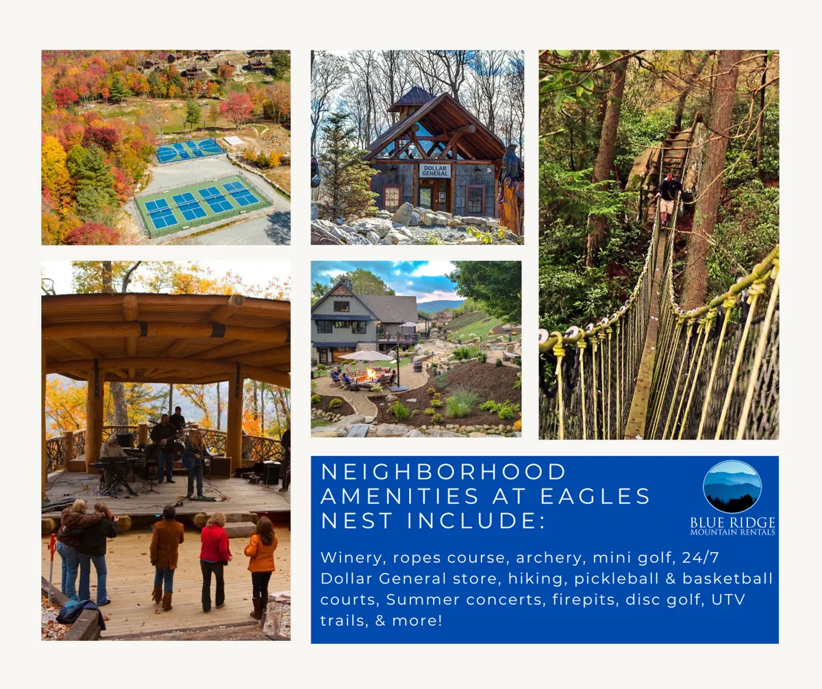 A vibrant community amenities area showcasing an outdoor performance stage, open space with natural mountain surroundings, and family-friendly activity zones such as a mini-golf course and adventure elements like a ropes course. The scene is lively, capturing both active and communal moments that reflect a range of outdoor adventures and social gatherings.